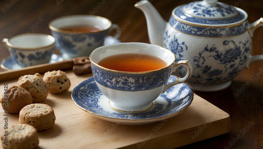 A tea set with a teapot and cups sits on a wooden tray, cookies are scattered around. The set has blue floral patterns. A tea set with a teapot and cups sits on a wooden tray, cookies are scattered around. The set has blue floral patterns.
