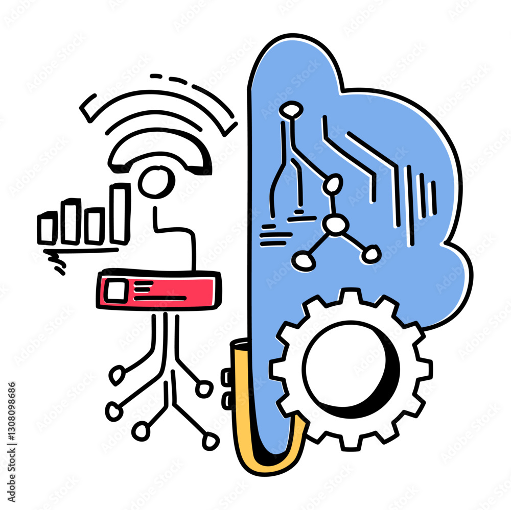 Colorful Illustration of a brain with data flow and cloud elements, representing Machine Learning Processes. Perfect for Tech Blogs, AI Presentations, and Educational Materials
