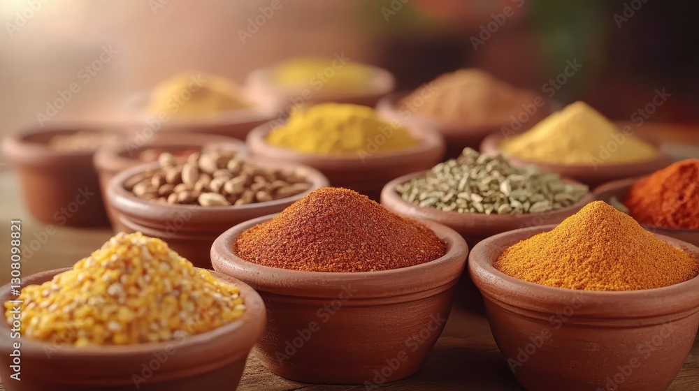 Colorful Collection of Spices and Herbs in Small Clay Bowls Colorful Collection of Spices and Herbs in Small Clay Bowls