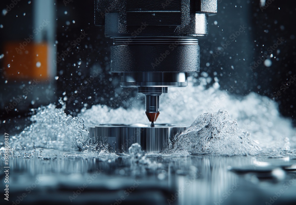 Close-Up of Precision CNC Machine Cutting Water-Splashing Metal Component Under Bright Lights in Modern Manufacturing Facility Close-Up of Precision CNC Machine Cutting Water-Splashing Metal Component Under Bright Lights in Modern Manufacturing Facility