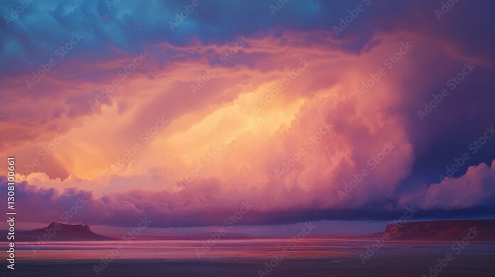 Fototapeta premium Dramatic Sunset Over Vast Landscape with Colorful Clouds and Horizon