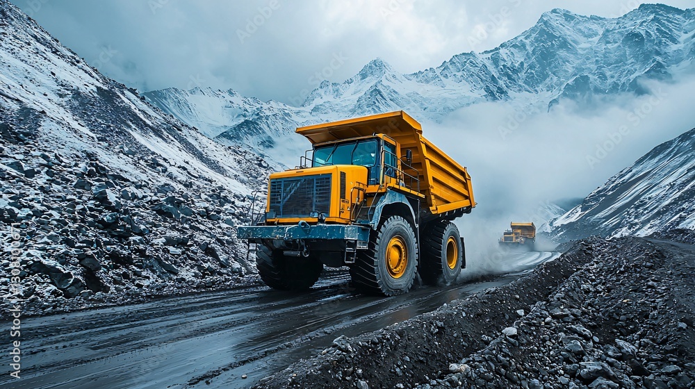 Heavy Dump Trucks Navigating Rugged Mountain Roads Snowy Landscape Industrial Action Heavy Dump Trucks Navigating Rugged Mountain Roads Snowy Landscape Industrial Action