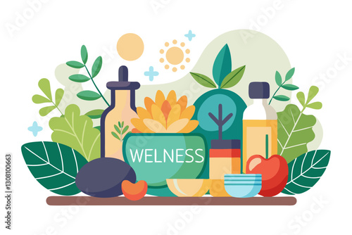 A flat vector illustration depicting a wellness theme with natural elements, containers, and fruits, centered around the word "WELNESS".