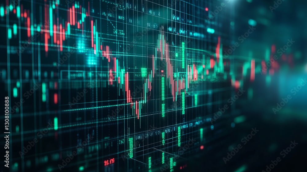 stock market trends and candlesticks displayed on a dark blue screen stock market trends and candlesticks displayed on a dark blue screen
