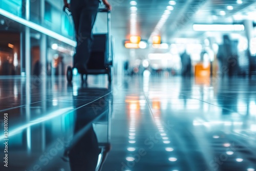 A Blurry Image Of A Person Pushing Luggage Through A Modern Airport Terminal  The Shiny Floor Reflecting Bright Lights And Movement  Ideal For Illustrating Travel  Journey  Or Transportation