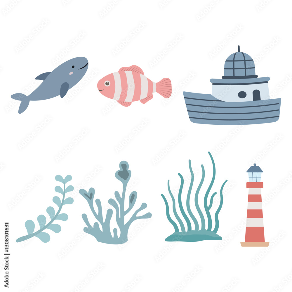 Naklejka premium Sea Ocean Beach Marine Elements Set of Shark Whale Fish Ship Plant Seaweed Lighthouse Tower