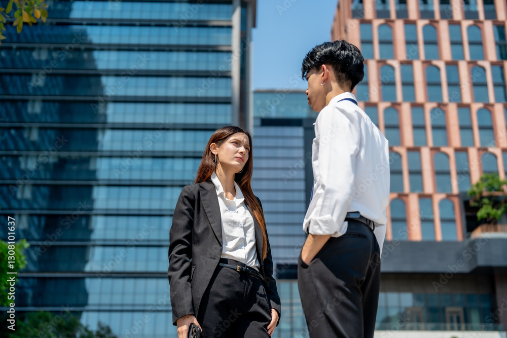Business professionals discussing in urban setting, showcasing modern architecture and clear blue sky. Their expressions convey determination and focus Business professionals discussing in urban setting, showcasing modern architecture and clear blue sky. Their expressions convey determination and focus