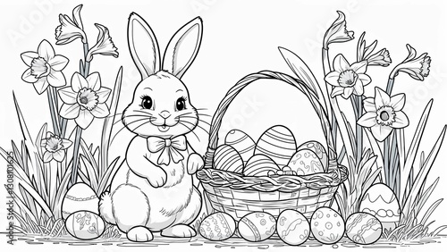 Easter bunny with Easter egg basket and spring flowers coloring page; black and white Easter illustration 