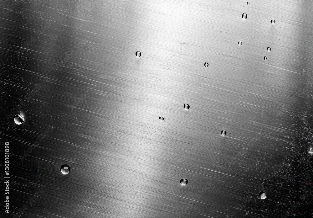 Obraz premium Close-Up of Water Droplets on Brushed Metal Surface with Reflections and Textures in a Monochrome Aesthetic for Modern Design Use