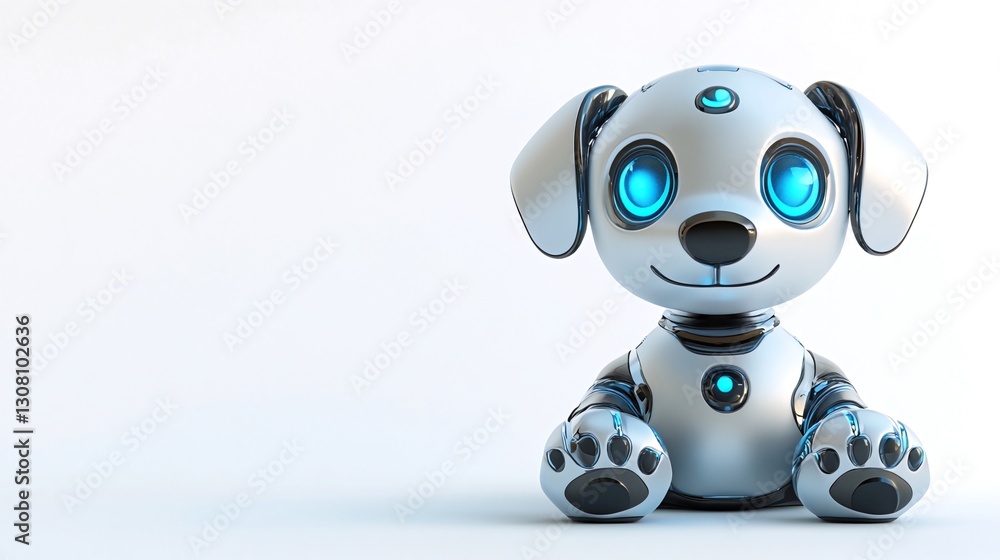Robotic dog sitting, white background, future tech, website banner Robotic dog sitting, white background, future tech, website banner