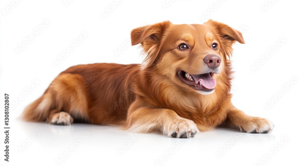 Charming golden fur dog with bright eyes lying on a white background, showcasing happiness and playfulness Charming golden fur dog with bright eyes lying on a white background, showcasing happiness and playfulness