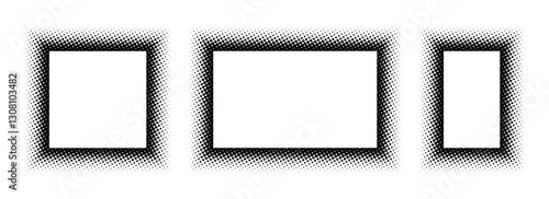 Black halftone rectangle frame set. Dotted gradient border collection. Pop art comic dots picture holder design for banner template, copy space, emblem, poster. Vector rasterized framing element back