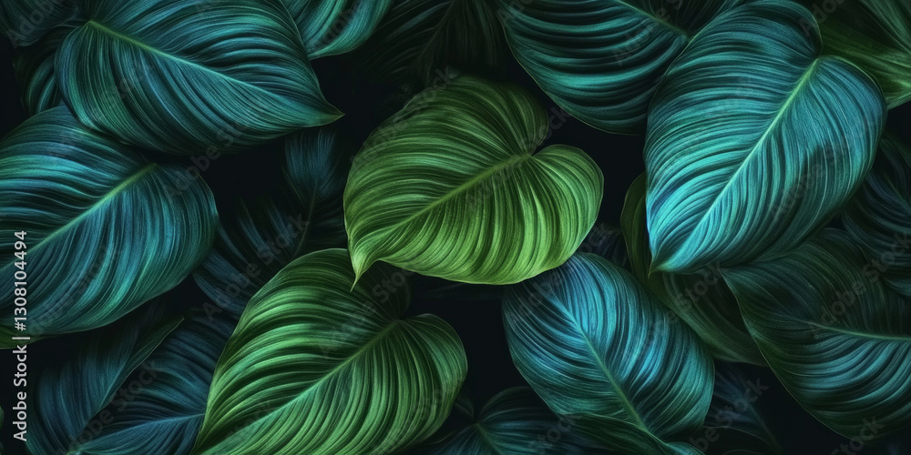 Lush green leaves with intricate textures create vibrant, natural background. deep shades of green and blue evoke sense of tranquility and freshness Lush green leaves with intricate textures create vibrant, natural background. deep shades of green and blue evoke sense of tranquility and freshness