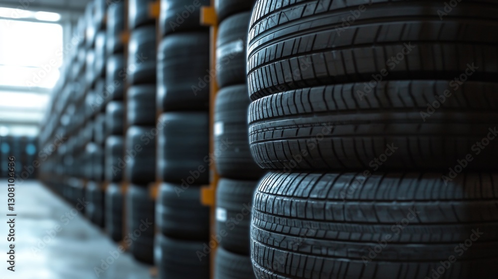 Stacked tires in industrial warehouse. Rows of tires neatly stacked. Warehouse storage of rubber tires. Close up view of stacked tires. Commercial storage facility for automotive parts. 32k Resolution Stacked tires in industrial warehouse. Rows of tires neatly stacked. Warehouse storage of rubber tires. Close up view of stacked tires. Commercial storage facility for automotive parts. 32k Resolution