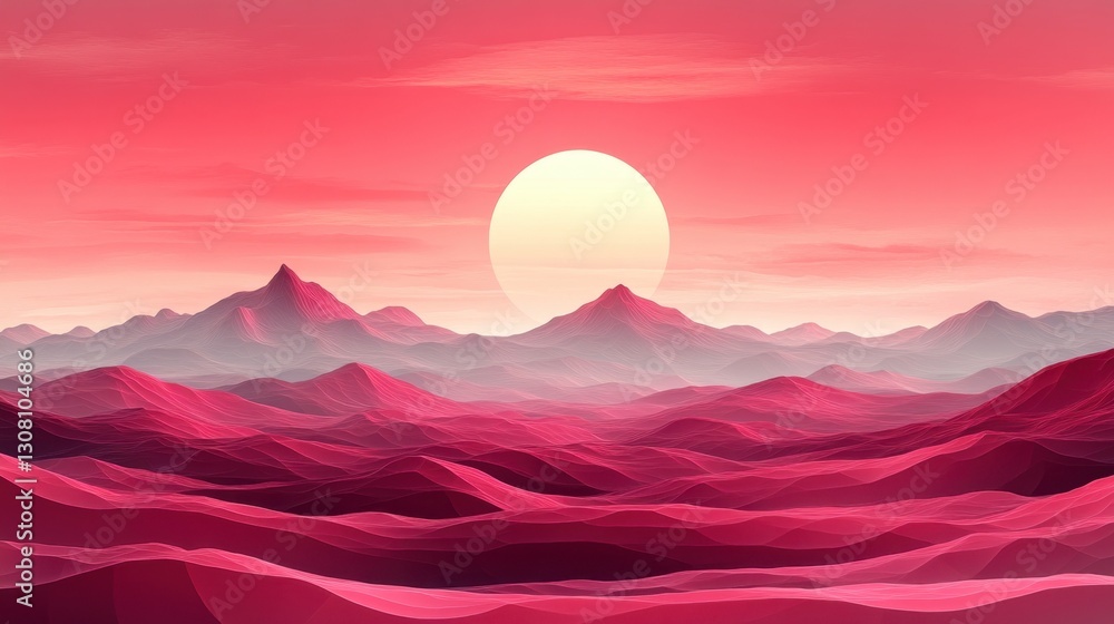 A vibrant, stylized landscape featuring rolling hills and a large sun in a pinkish hue. A vibrant, stylized landscape featuring rolling hills and a large sun in a pinkish hue.