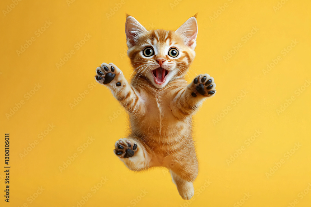 Fototapeta premium A lively ginger tabby kitten leaps mid-air against a sunny yellow backdrop, perfect for pet-related promotions, children's products, or joyful communication in branding.