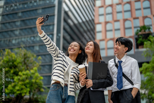 Wallpaper Mural Young professionals taking selfie outdoors in modern urban setting, showcasing joy and camaraderie. scene captures moment of friendship and teamwork Torontodigital.ca