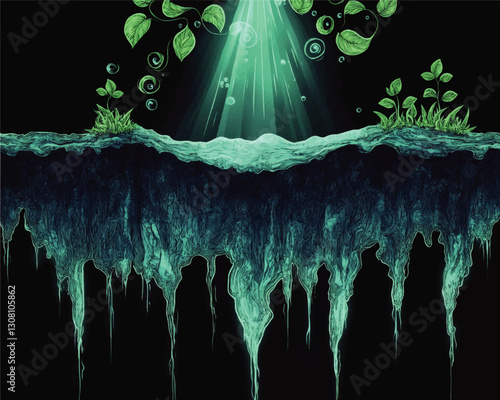 Enchanting Underground Cavern with Glowing Stalactites and Lush Foliage Above in Magical Light - Vector Image Showcasing Natural Beauty and Fantasy Elements