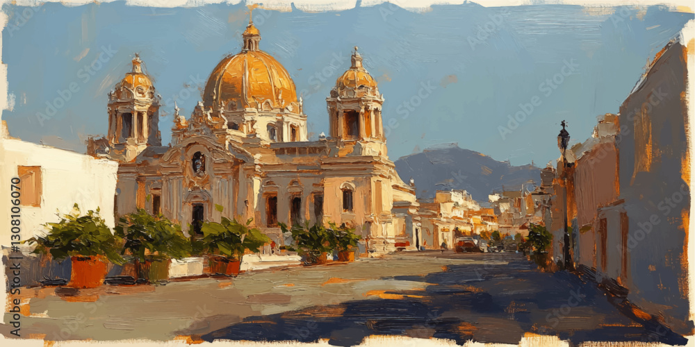 Obraz premium Stunning Vector Illustration of Classic Baroque Cathedral with Golden Domes in Scenic Mediterranean Townscape, Featuring Vibrant Skyline and Architectural Details