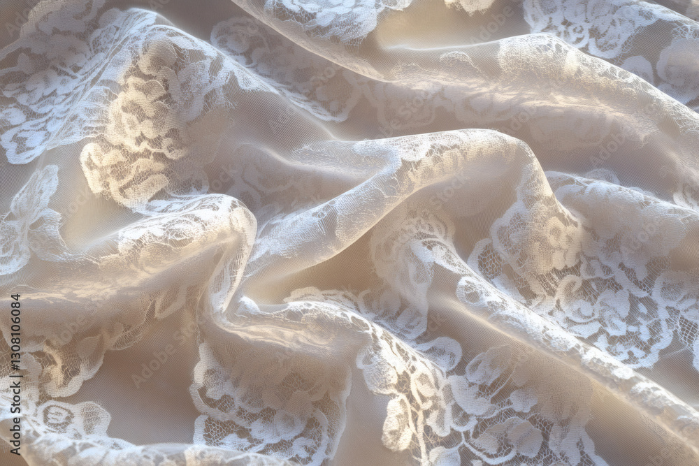 Delicate white lace fabric with floral pattern softly draped creates elegant texture Delicate white lace fabric with floral pattern softly draped creates elegant texture