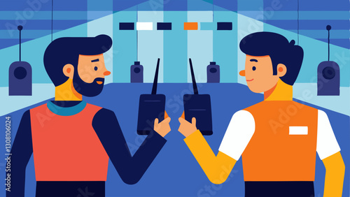 OnSite Communication Two technicians communicating through walkietalkies in a busy event hall with monitors and technical gear in the background.