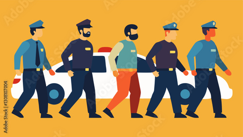 Transporting Suspects Officers leading handcuffed suspects toward a police car showing their serious expressions and body language.