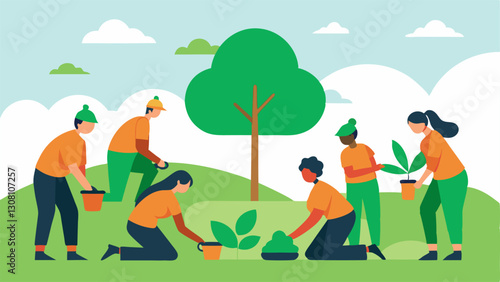 Reforestation Project A spet organizing a treeplanting event with volunteers planting saplings in a deforested area.
