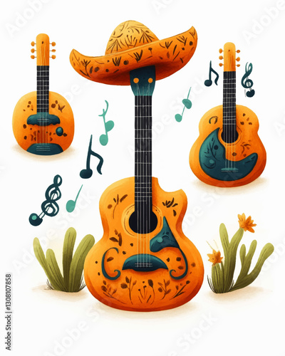 Colorful Vector Illustration of Decorative Guitars with Musical Notes and Floral Motifs Featuring Mexican Hat and Cactus Elements for Vibrant Music-Themed Design