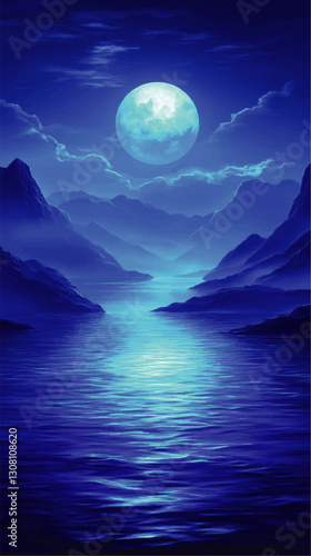 Serene Night Landscape Vector Art: Full Moon Illuminating Tranquil Lake and Majestic Mountains with Soft Clouds in Blue Tones for Calm and Relaxation