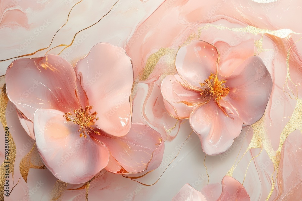 Elegant pink flowers with glossy textures against a soft, swirling background touched with gold, capturing the essence of floral beauty and sophistication. Elegant pink flowers with glossy textures against a soft, swirling background touched with gold, capturing the essence of floral beauty and sophistication.