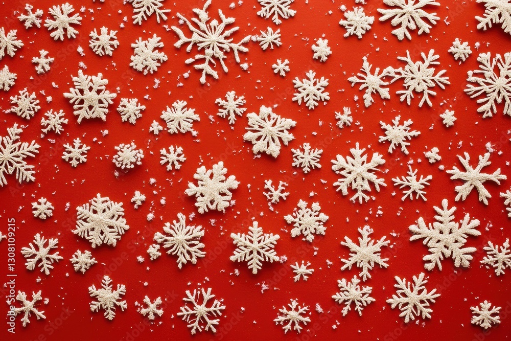 A striking arrangement of white snowflakes scattered against a vibrant red background, creating a festive and cheerful atmosphere. Perfect for holiday-themed designs or winter celebrations. A striking arrangement of white snowflakes scattered against a vibrant red background, creating a festive and cheerful atmosphere. Perfect for holiday-themed designs or winter celebrations.
