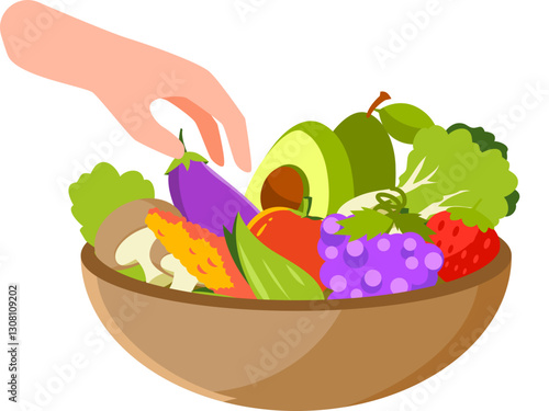 Assorted fresh fruits and vegetables in a wooden bowl being selected by hand.