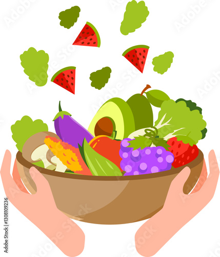 Assorted fresh fruits and vegetables in a bowl being held by hands.