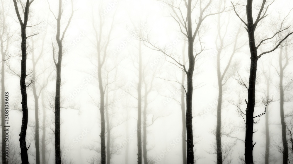 Obraz premium Monochromatic photograph of leafless trees in dense fog, creating a mystical and atmospheric scene.