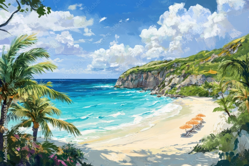 A tranquil beach scene with swaying palm trees, gentle waves, orange umbrellas, and loungers. The blue sky with fluffy clouds enhances the relaxing atmosphere of the ocean shore. A tranquil beach scene with swaying palm trees, gentle waves, orange umbrellas, and loungers. The blue sky with fluffy clouds enhances the relaxing atmosphere of the ocean shore.
