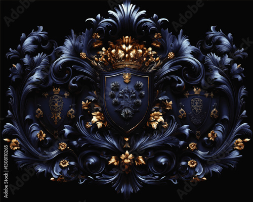 Elegant Blue and Gold Heraldic Crest with Ornate Floral Decor, Royal Crown, Luxury Emblem Symbols, Regal Shield Design, Victorian Style Vector Illustration