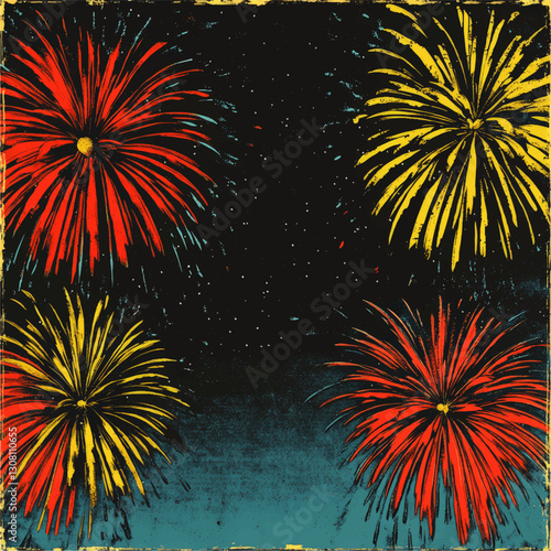 Vibrant Vector Illustration of Red and Yellow Fireworks Against a Night Sky - Perfect for Celebrations, Festivals, New Year, and Independence Day Themes