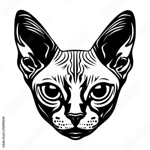 Chubby Sphynx cat head linear art illustration animal vector