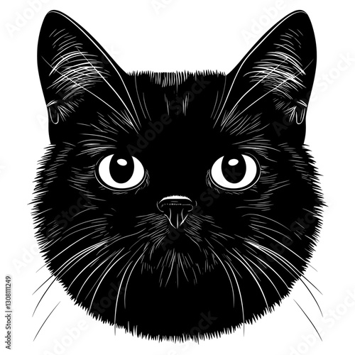 Chubby British Shorthair cat head linear illustration animal black vector
