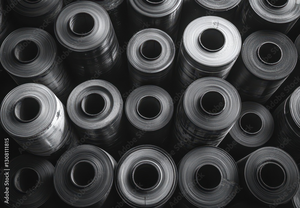 Close-Up View of Rolled Metal Sheets in Industrial Warehouse Setting, Highlighting Surface Texture and Patterns in Monochrome Design Close-Up View of Rolled Metal Sheets in Industrial Warehouse Setting, Highlighting Surface Texture and Patterns in Monochrome Design