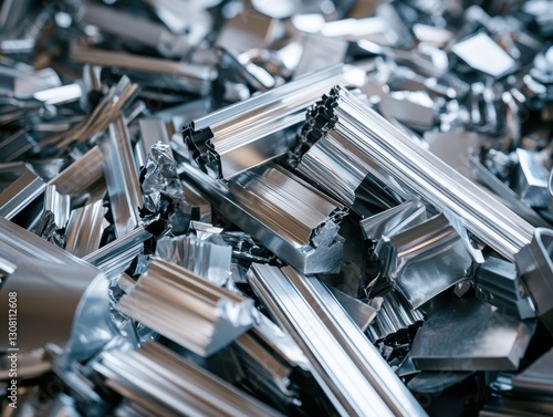 Close-Up View of Shiny Metal Scrap Pieces Varying in Shapes and Sizes in an Industrial Environment for Recycling and Manufacturing Purposes