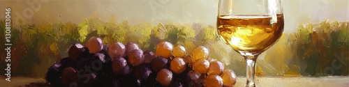 Elegant Vector Art of White Wine Glass and Grapes in Vineyard Setting - Perfect Blend of Visual Art, Digital Painting Highlights Wine Culture and Fruit Aesthetics