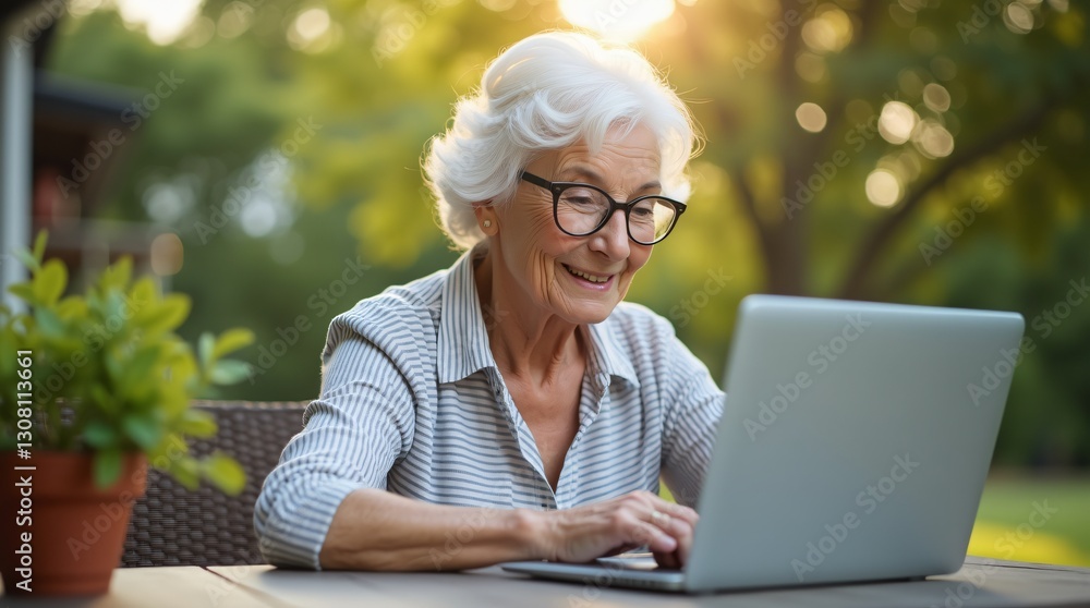 Happy senior woman using laptop outdoors in a garden, enjoying technology and online communication Happy senior woman using laptop outdoors in a garden, enjoying technology and online communication