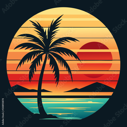 A retro vintage color beach scene setting sun, A  home under palm tree and a woman setting on the beach on wooden chair, rounded logo type,