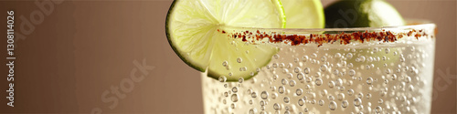Refreshing Sparkling Drink with Lime and Chili Rim - Close-Up of a Glass Featuring Citrusy Lime Slices, Bubbling Soda, Perfect for Summer Cocktails and Drink Recipes