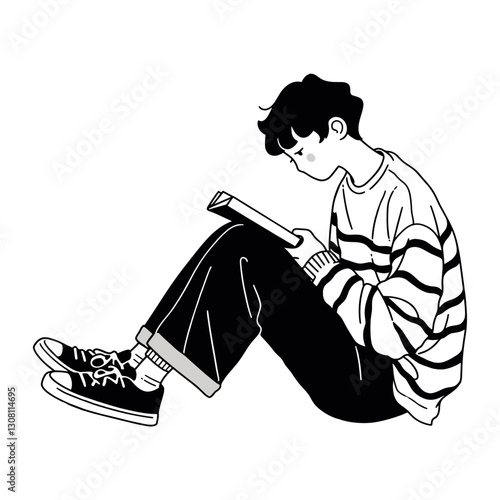 Man sitting and reading a book illustration person black vector