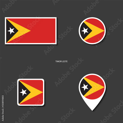 Timor Leste flag icon set in different shape (rectangle, circle, square and marker icon) on dark grey background. Timor Leste sticker icon collection on barely dark background	
