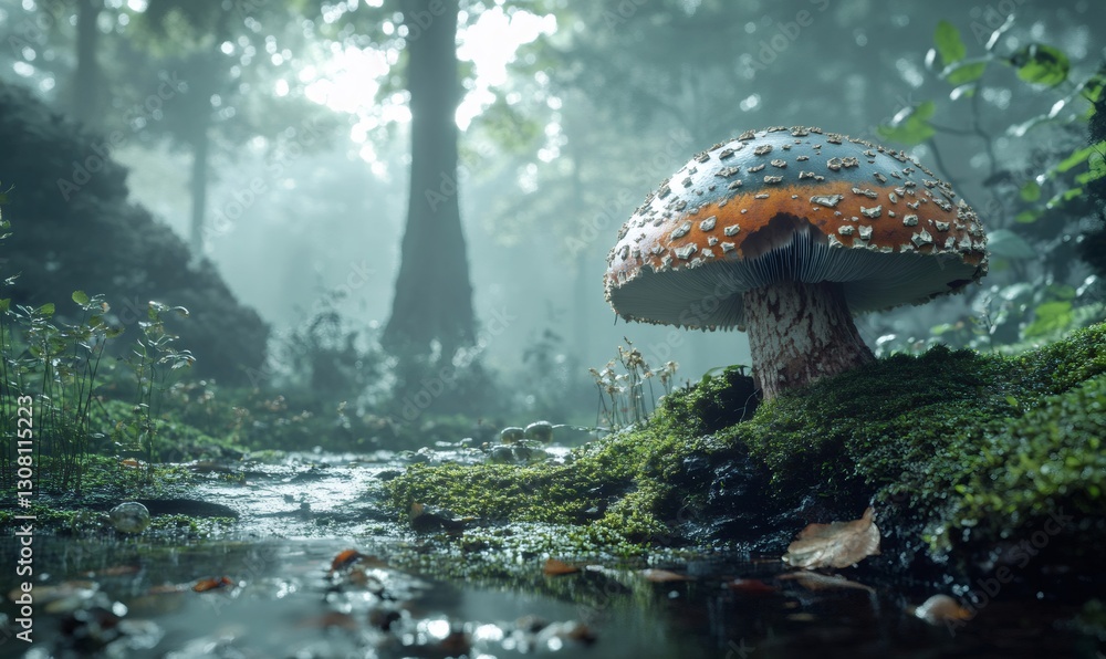 Fototapeta premium Colorful mushroom growing in a humid and misty forest near a small stream, celebrating world environment day