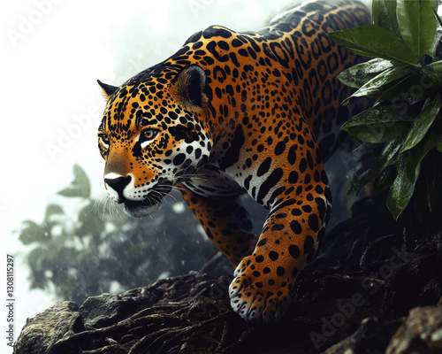 Stunning Vector Art of a Majestic Jaguar Stealthily Navigating Lush Jungle Environment: Detailed Close-Up Depicting Ferocity, Elegance, and Intricate Natural Habitat