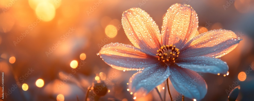 Fototapeta premium Beautiful flower with dew drops glistening in the warm golden light of sunset, celebrating the beauty of nature for world environment day